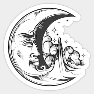 Crescent Moon with face Esoteric Symbol Engraving tattoo. Sticker